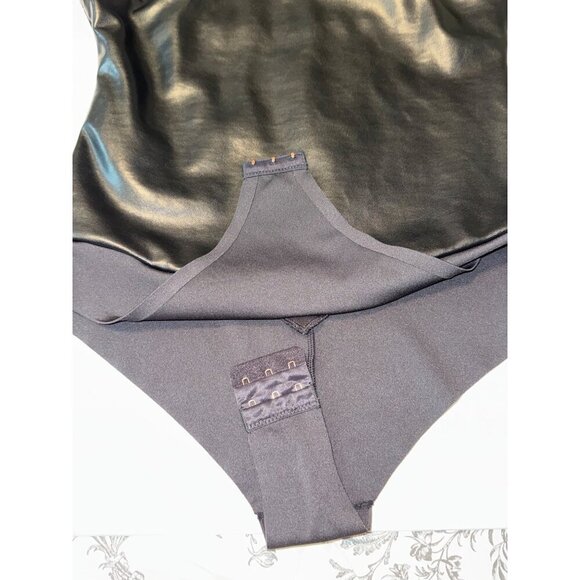 Pinsy Veegan Leather High Neck Shapewear Bodysuit Black Large Tiny Flaw - Picture 6 of 14